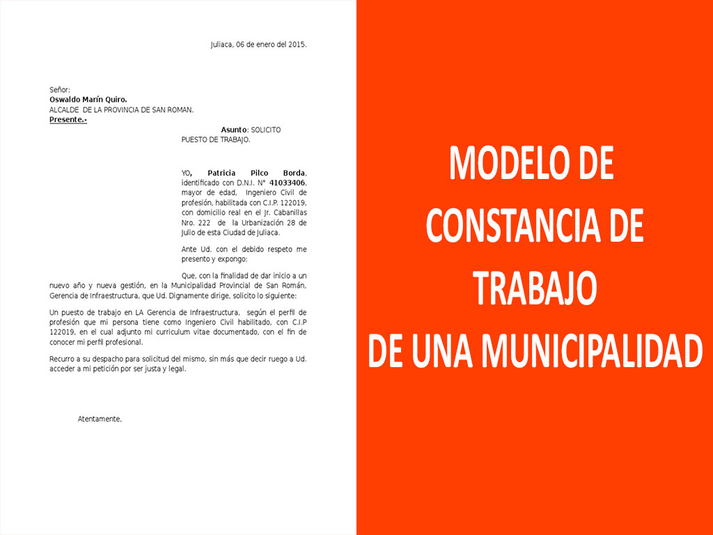 Modelo de constancia de trabajo de una municipalidad